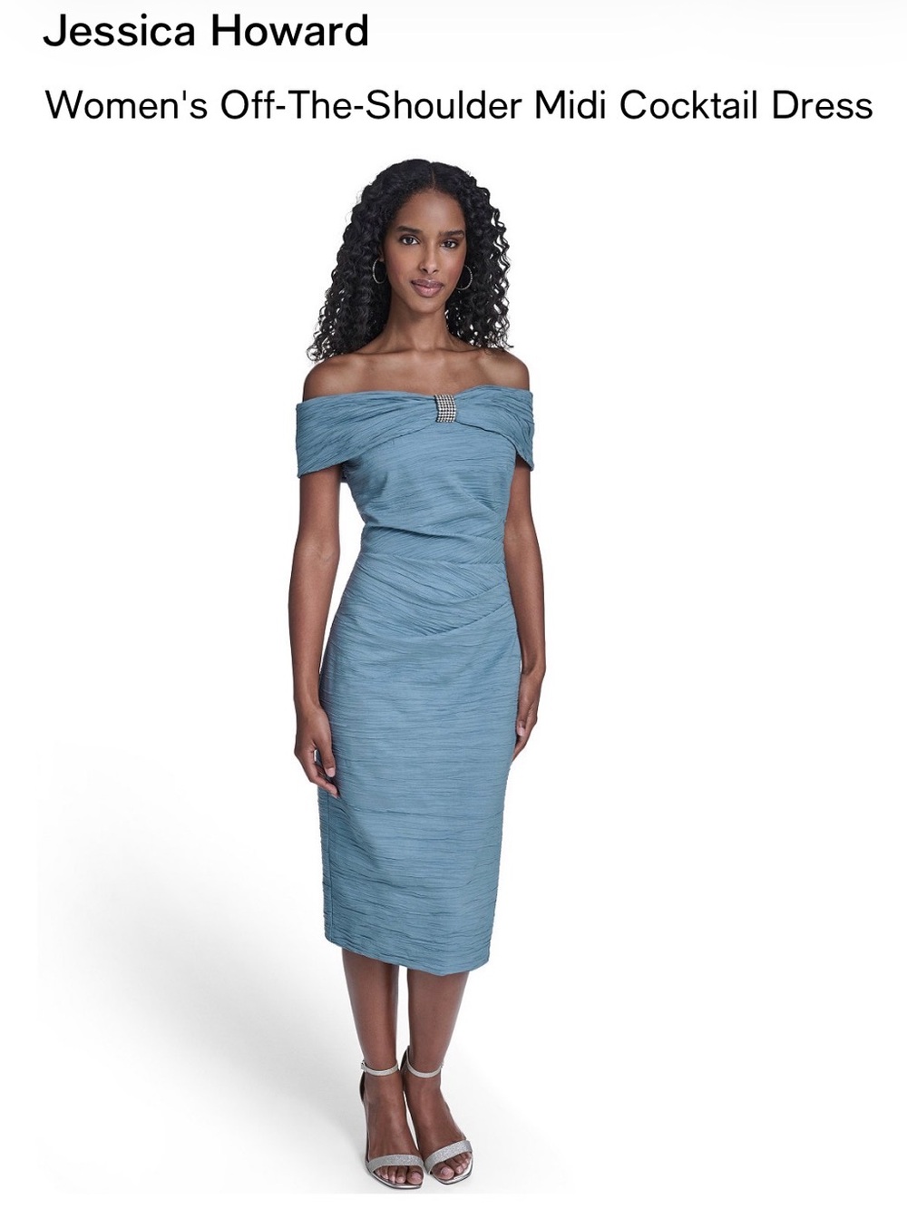 Jessica Howard Slate Blue Off-Shoulder Ruched Midi Dress